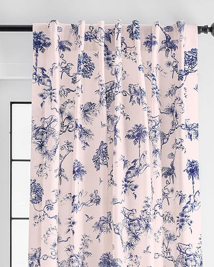 Maison d' Hermine Curtains for Living Room 100% Cotton 108 inch Length One Panel Light Filtering Toile Curtains for Bedroom Windows with Rod and Loop Pockets Drapes (Bonobo Blue, 50" W x 108" L)
