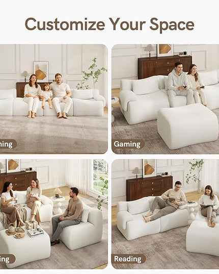 Boneless Couch White Modular Sectional Sofa for Living Room, 114'' L Shaped Compressed Couch in a Box with Ottoman, Modern Comfy 3 Seater Deep Foam Chenille No Assembly Couches for Bedroom