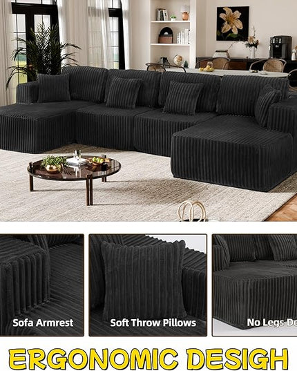 132" U Shaped Boneless Couch, Cloud Sectional Modular Sofa with Double Chaise Lounge, Corduroy Cloud Couch with Pillows & Deep Seat, Boneless Sofa for Living Room, Black
