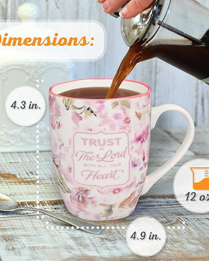 Christian Art Gifts Encouraging Ceramic Coffee & Tea Bible Verse Mug for Women: Trust in the Lord Inspirational Scripture Proverb, Microwave & Dishwasher Safe, White & Pink Watercolor Floral, 12 oz.