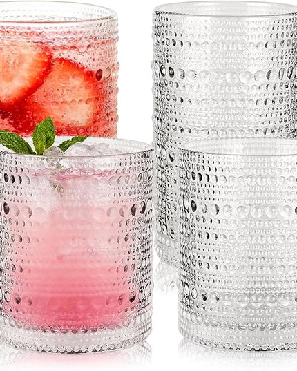 Hobnail Drinking Glasses Set of 4, 10oz Kitchen Water Glasses Cup & 12oz Vintage Cocktail Glasses Drinkware Set for Whisky, Juice, Wine, Milk