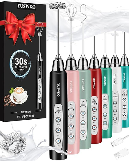YUSWKO Milk Frother Handheld for Coffee, Rechargeable Drink Mixer with 3 Heads 3 Speeds Electric Coffee Frother Whisk, Gift for Many Occasions and Festival