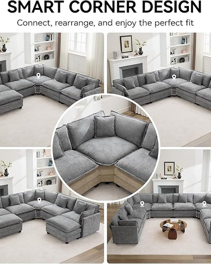 137'' V Shaped Cloud Sectional Sofa, Oversized Deep Seat Couches for Living Room, Chenille Comfy Upholstered Modular Sectional Sofa Couch, Grey