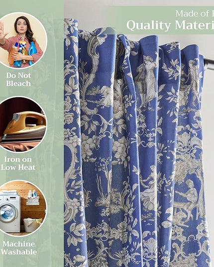 Maison d' Hermine Curtains for Living Room 100% Cotton 84 inch Length One Panel Light Filtering Toile Curtains for Bedroom Windows with Rod and Loop Pockets Drapes (Joli Jouy Blue, 50" W x 84" L)