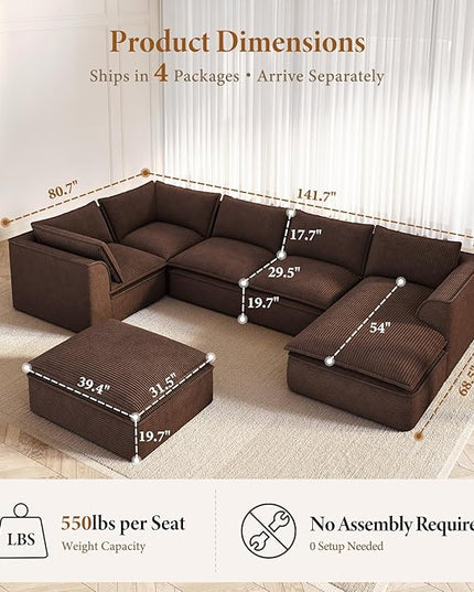 Vesgantti 141.7" Oversized Boneless Sectional Couch, 7 Seater Modular Sofa with Chaise & Ottoman & Armrest, Deep Seat Corduroy Cloud Couches for Living Room, No Assembly Required, Dark Brown