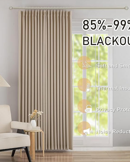DONREN Sand 60 inch Wide Pinch Pleated Blackout Curtains with Hooks - 90 inch Length Room Darkening Thermal Insulated Window Curtain Panels for Patio Sliding Glass Door,Pack of 2