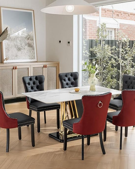 SoarFlash Leather Dining Chairs Set of 6, Tall Back Side Chair, Modern Upholstered Side Chair with Button Back Ring, Solid Wood Legs (Black&Red)