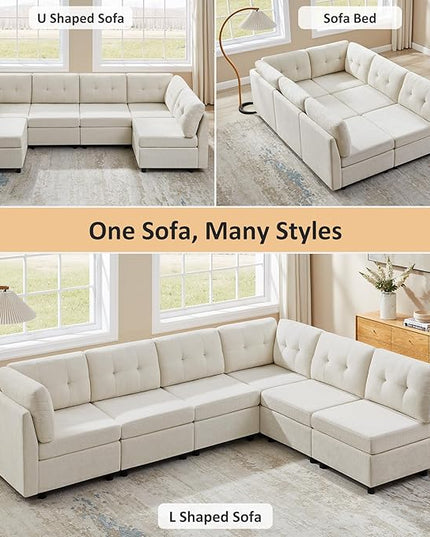 VANOMi 6 Seater Sectional Couches for Living Room, 118" Convertible Modular Cloud Sofa, Comfy Chenille Sofas & Couches for Living Room, Apartment, Office, White, L/U Shaped