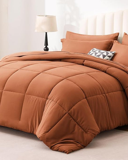 Love's cabin California King Comforter Set Burnt Orange, 7 Pieces California King Bed in a Bag, All Season Bedding Sets with 1 Comforter, 1 Flat Sheet, 1 Fitted Sheet, 2 Pillowcase and 2 Pillow Sham