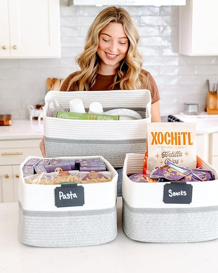 NaturalCozy Storage Baskets 16.8”x13”x7.6” Cotton Rope Woven Baskets for Organizing 3-Pack | Toy Storage Bins | Basket for Shelves, Laundry, Blanket, Clothes, Closet, Kitchen, Bathroom, Gifts