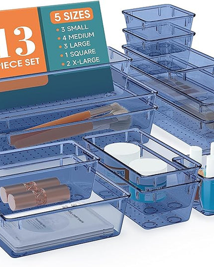 13 PCS Drawer Organizer Set, 5 Varied Size Bathroom and kitchen Drawer cabinet organizer Trays, Clear Storage Bins for Makeup, Jewelry, Utensils and Gadgets, Dark Blue