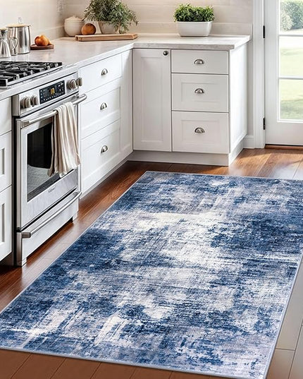 IOHOUZE Abstract Area Rug 4x6 Ft Washable Rugs for Entryway Indoor, Non Slip Small Living Room Rugs Printed Faux Wool Throw Rug, Floor Carpet for Kitchen Nursery Playroom, Navy/Grey
