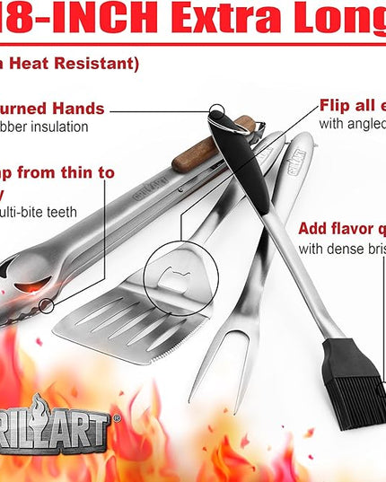 GRILLART BBQ Tools Grill Tools Set -18Inch Grilling Tools BBQ Set - Grill Accessories w/BBQ Tongs, Spatula, Fork, Brush- Stainless Grill Kit Grilling Set - Gift Ideas BBQ Accessories Gifts for Men Dad