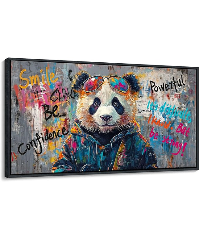 JEAWA Large Canvas Framed Wall Art, Panda Abstract Graffiti Street Art Pop Wall Picture Black and White Paintings Ready to Hang Living Room Bedroom Study Home Office Inspirational Decor 29x58 IN