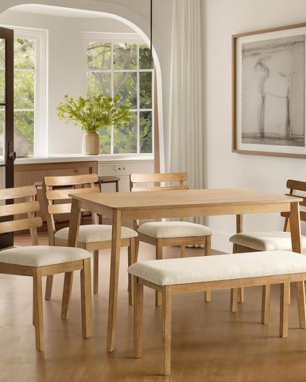 6 Piece Dining Table Set with Bench, Wooden Rectangular Kitchen Table and 4 Upholstered Chairs, Farmhouse Dining Room Furniture for Family Meals, Light Oak Finish
