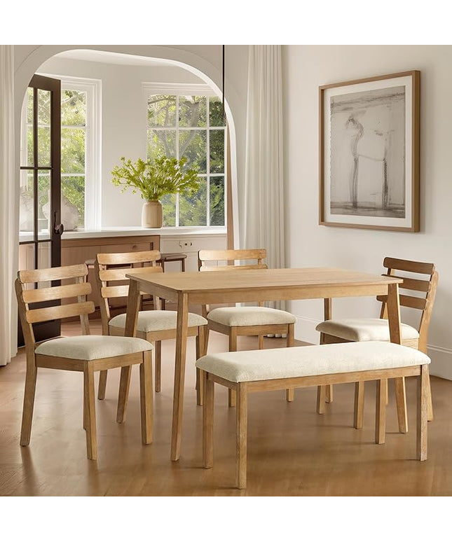 6 Piece Dining Table Set with Bench, Wooden Rectangular Kitchen Table and 4 Upholstered Chairs, Farmhouse Dining Room Furniture for Family Meals, Light Oak Finish