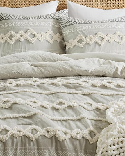 Hyde Lane Farmhouse Comforter Set Gray, Full/Queen Size Boho Bedding Sets, Cotton Top with Modern Neutral Style Clipped Jacquard Stripes, 3-Pieces Including Matching Pillow Shams (90x90 inches)