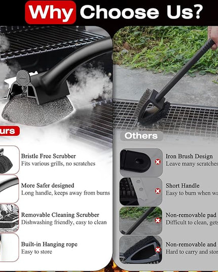 Grill Brush for Outdoor BBQ - Replaceable Bristle Free Heading and Reinforced Scraper - Safe BBQ Brushes for Porcelain/Gas/Charcoal/Smoker/Cast Iron Grill - Cleaning Brush(Black)
