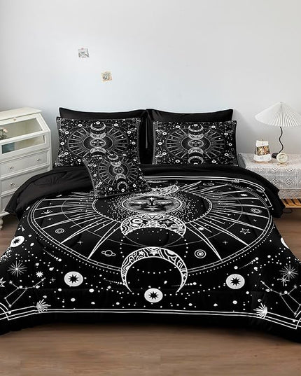 Bedbay Sun and Moon Comforter Set Queen Size Boho Hippie Bedding,Trippy Cosmos Celestial Decor Soft Cozy Galaxy Bed Set 8 Pcs Queen Bed in a Bag Black and White Galaxy Comforter Set(White,Queen)