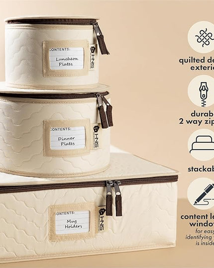 Hard Shell China Storage Containers 5-Piece Set Moving Boxes for Dinnerware, Glasses, Plates, Mugs and Saucers Sturdy Dish Organizer with Dividers for Seasonal Storage - Service for 12 - Beige Quilted