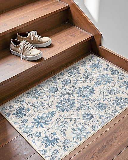 jinchan Torino 2x3 Washable Rugs for Entryway, Vintage-Inspired Floral Design Non-Slip Low-Pile Doormat, Ultra-Thin Indoor Traditional Accent Carpet for Entrance Kitchen Bathroom Bedroom, Dark Blue