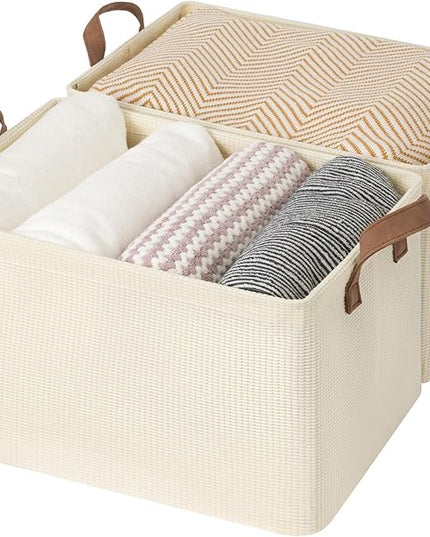 StorageWorks Storage Bins, Shelves Baskets for Organizing, Large Fabric Closet Organizers with Handles, Metal Frame, Beige（Texture）, 2-Pack