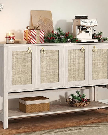 Rattan Entryway Cabinet with Storage,55“ Boho Credenza Storage Cabinet with 4 Doors and Adjustable Shelf, Wood Coffee Bar Console Cabinet Buffet Table for Kitchen, Dinning Room, Sideboard Buffet