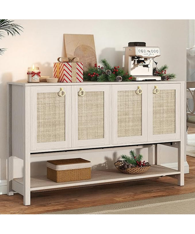 Rattan Entryway Cabinet with Storage,55“ Boho Credenza Storage Cabinet with 4 Doors and Adjustable Shelf, Wood Coffee Bar Console Cabinet Buffet Table for Kitchen, Dinning Room, Sideboard Buffet