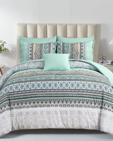 Cottolester Boho Comforter Set Full Size,8 Piece Bed in a Bag Sage Green Paisley Comforter and Sheet Set,Striped Bedding Set Soft Microfiber Complete Bedding Set