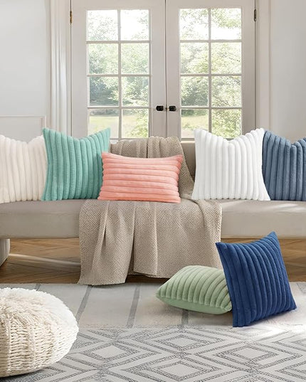 decorUhome Faux Fur Spring Throw Pillow Covers 20x20 Set of 2, Decorative Soft Plush Striped Neutral Couch Euro Pillow Covers with Velvet Back for Sofa, Bed, Living Room Home Decor, Aqua