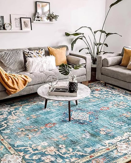 MUJOO Teal Rug 8'x10' Area Rugs for Living Room Blue Washable Rugs Large Rug Boho Rug 8'x10' for Bedroom Non Slip Abstract Soft Low-Pile Floral Colorful Flowers
