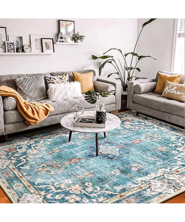 MUJOO Teal Rug 8'x10' Area Rugs for Living Room Blue Washable Rugs Large Rug Boho Rug 8'x10' for Bedroom Non Slip Abstract Soft Low-Pile Floral Colorful Flowers