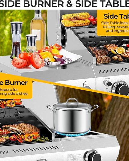 3-Burner Propane Gas Grill with Side Burner – 34,000 BTU Stainless Steel Outdoor BBQ Grill, Cast Iron Grates, Portable with Wheels for Patio, Camping