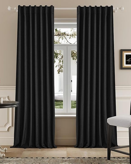 DUALIFE 120 Inch Extra Long Linen Black Curtains Floor to Ceiling for Sliding Glass Doors 2 Panels, Flax Linen 100% Blackout Elegant Boho Thermal Curtains for Large Windows 10 FT Drapes,50 x 120 Inch