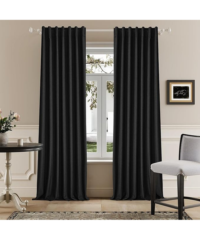 DUALIFE Black Linen Full Blackout Curtains 108 Inch Length 2 Panels Set for Living Opaque Privacy Back Tab Thermal Insulated 100% Black Out Room Darkening 9ft Window Curtain Drapes 108 Inches Long