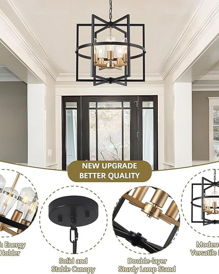 19'' Black and Gold Chandeliers for Dining Room, 5-Light Modern Farmhouse Industrical Pendant Light Fixture Rustic Geometric Hanging Chandelier for Kitchen Island Entryway Hallway Foyer