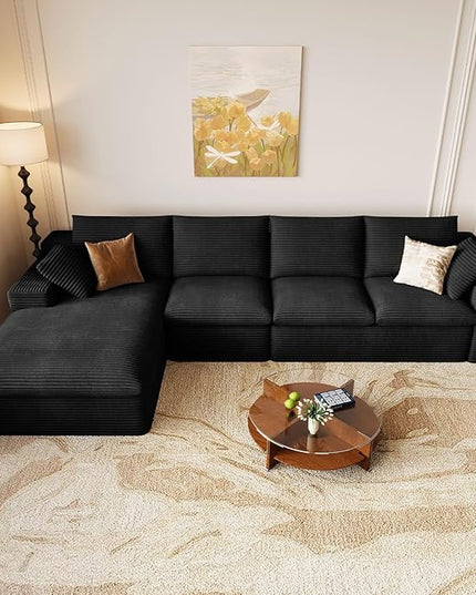 136" Cloud Couch Modular Sectional Sofa for Living Room, L-Shape Boneless Couch with Deep Seat, Modern Corduroy 4-Seater, No Assembly Required (Black,Left-Facing Chaise)
