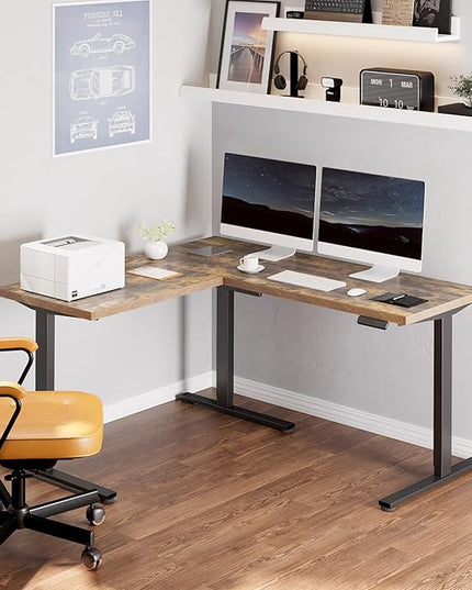 FLEXISPOT L Shaped Standing Desk, 63 x 55 Inch Electric Height Adjustable Corner Desk, Sit Stand Computer Workstation, Preset Controller, Home Office, Black Frame with Rustic Brown Top
