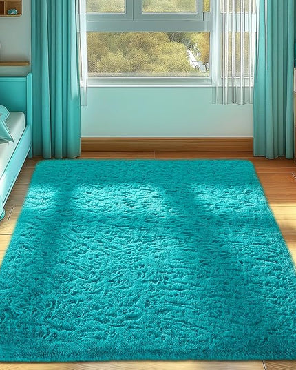 Ophanie Teal Rugs for Bedroom Living Room, Fluffy Fuzzy Furry Carpet, Plush Soft Shaggy Bedside Indoor Floor 4x6 Area Rug for Kids Girls Boys Baby Teen Dorm Nursery Home Decor Aesthetic