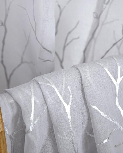 BUHUA Tree Branch Silver Sheer Curtains for Living Room - Metallic Tree Pattern Grey Curtains 63 Inch Length for Bedroom, Rod Pocket, 52 x 63 Inch, 2 Panels, Gray
