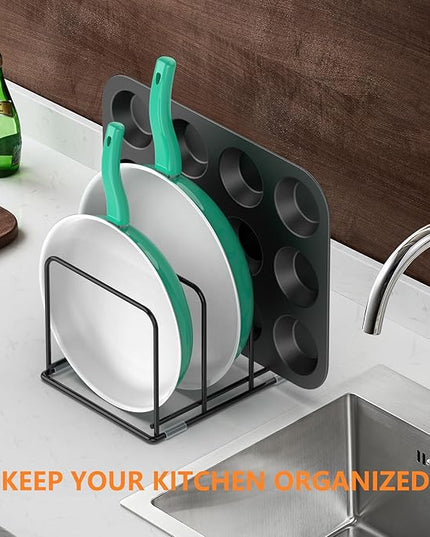 Kitchen Cabinet Organizer - Steel Cookware Rack, Divided Holder with 3 Slots for Skillets, Baking Tray and Chopping Board - Pan Storage (2.2 Inch Width Slots)
