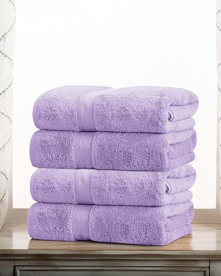 Superior Egyptian Cotton Pile Bath Towel Set of 4, Ultra Soft Luxury Towels, Thick Plush Essentials, Absorbent Heavyweight, Guest Bath, Hotel, Spa, Home Bathroom, Shower Basics, Purple