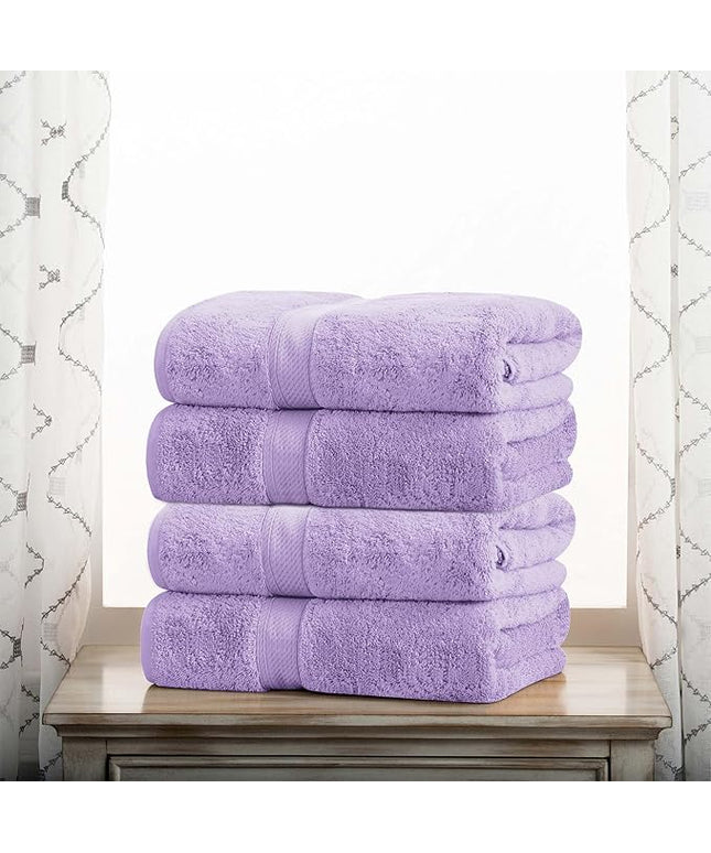 Superior Egyptian Cotton Pile Bath Towel Set of 4, Ultra Soft Luxury Towels, Thick Plush Essentials, Absorbent Heavyweight, Guest Bath, Hotel, Spa, Home Bathroom, Shower Basics, Purple