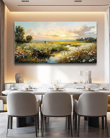 XIGUANGART Large Wall Art for Living Room Canvas Prints Nature River Meadow Wildflower Wall Decor Sunset Pastoral Landscape Pictures Abstract Modern Artwork for Bedroom Kitchen Office Home Decorations