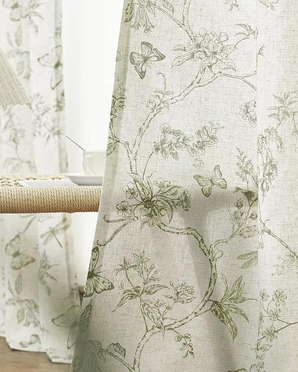 Lazzzy Green Floral Linen Farmhouse Curtains 108 Inch Length Drapes for Living Room Bedroom Pattern Light Filtering Country Vintage Curtain Grommet Top, 2 Panels, Green on Beige