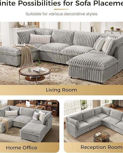 KKL Modular Sectional Couch for Living Room, V Shaped Corduroy Couches with 2 Ottomans, 7 Seater Oversized Sofa, Soft Fabric Modern Sofa, Grey