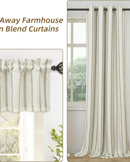 DriftAway Farmhouse Linen Blend Blackout Curtains 84 Inches Long for Bedroom Vertical Striped Printed Linen Curtains Thermal Insulated Lined Treatments for Living Room 2 Panels W52 x L84 Loden Green