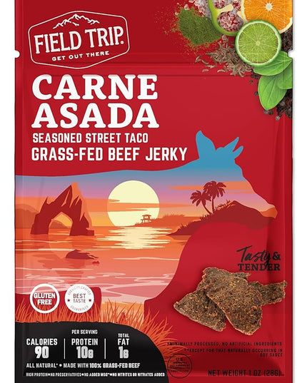 Field Trip Grass Fed Beef Jerky, Healthy Gluten Free Snacks, All Natural, Paleo-Friendly Beef Jerky, High Protein, Low Carb Snack with No Nitrates, 1oz Bag, 12 Pack, Carne Asada