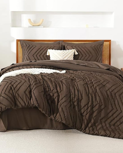 Litanika King Size Comforter Set with Sheets Brown - 7 Pieces Bed in a Bag King Chevron Tufted Complete Bedding Sets with Comforter, Sheets, Pillowcases & Shams