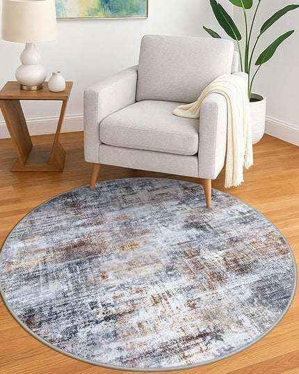 IOHOUZE Round Area Rug 5 Ft Circle Entryway Rugs Round Washable Door Mat Indoor Entrance, Non Slip Circle Front Door Rug, Printed Abstract Faux Wool Floor Carpet for Foyer Porch Sink, Orange Grey